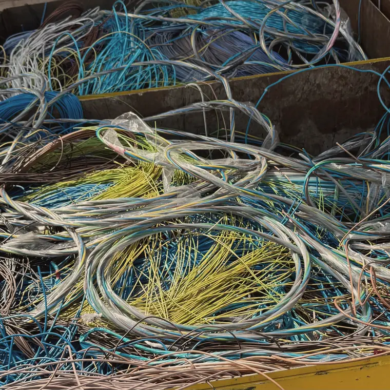 Container of mixed coloured electrical cable awaiting granulation