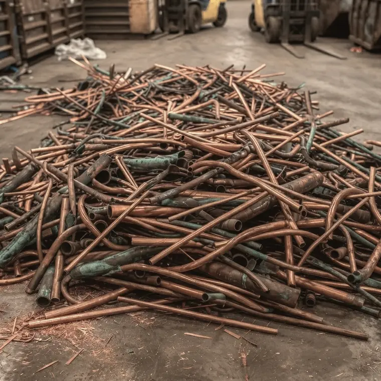 Pile of scrap copper pipe and tube stripped from plumbing and heating work