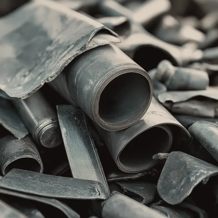 Rolled scrap lead sheet and offcuts from roofing work