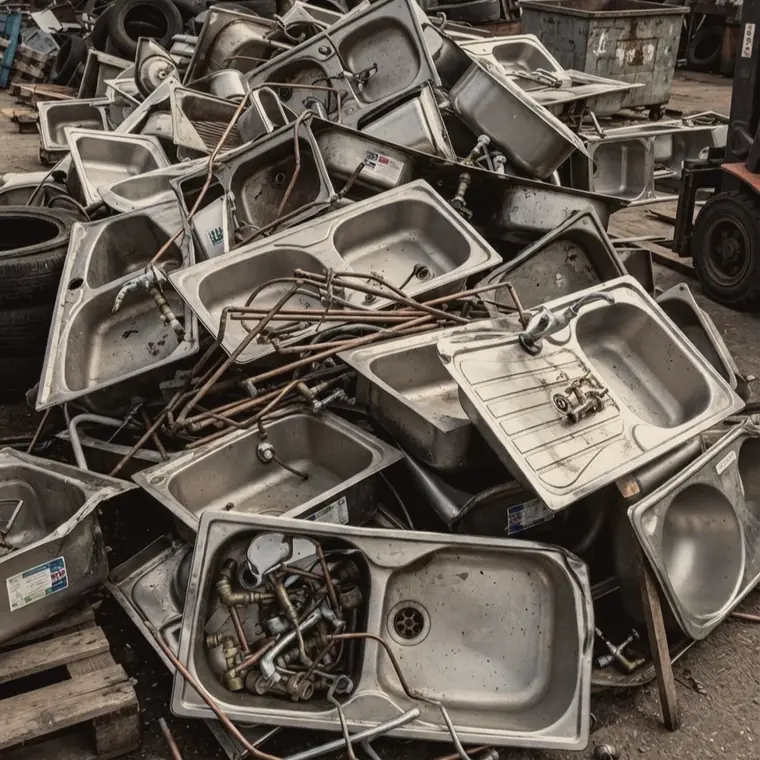 Pile of scrap stainless steel catering sinks and drainer units