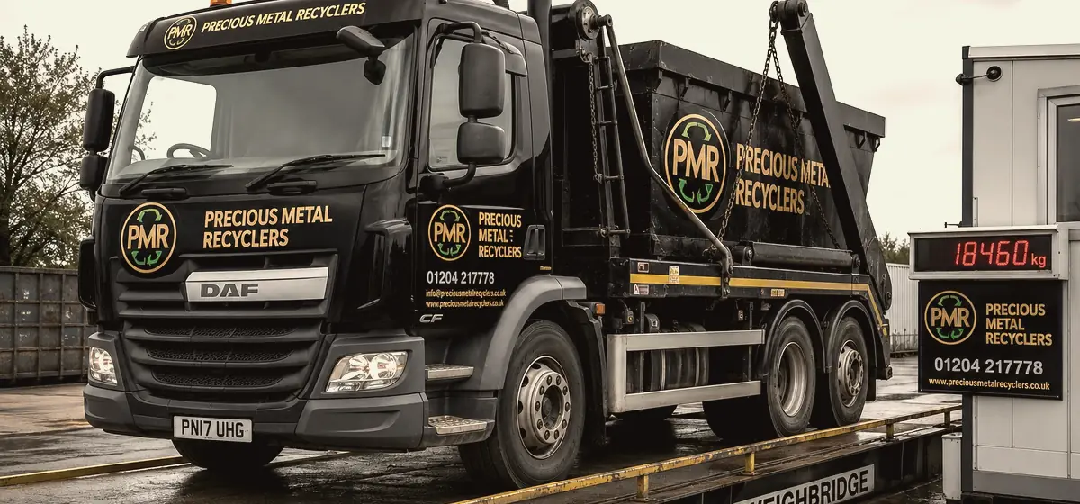 PMR skip wagon carrying a green skip, parked on a weighbridge reading 16,240 kg