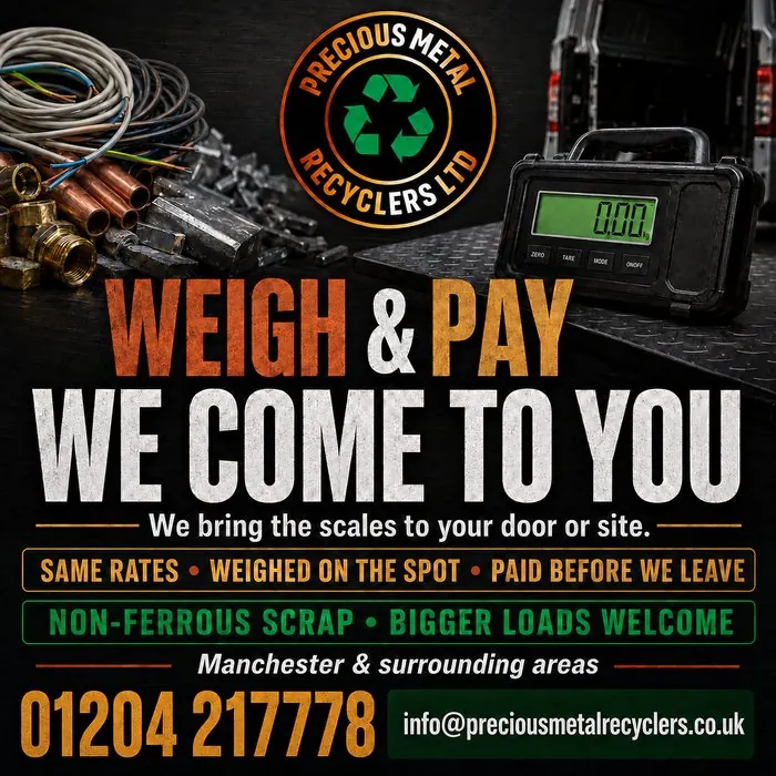 PMR weigh and pay social post: we come to you, we bring the scales to your door or site. Shows coiled household cable, copper pipe and brass alongside a portable weighing platform.